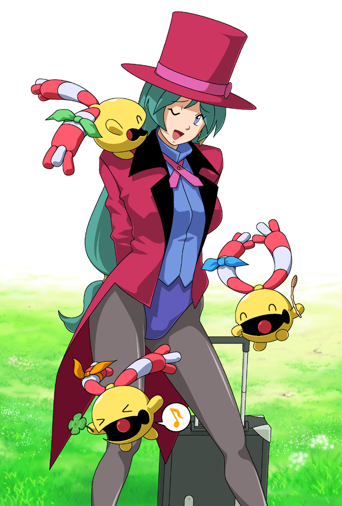 bag, blue_eyes, blush, chingling, earrings, formal, green_hair, hat, jacket, jewelry, long_hair, magician, nebachuu, pantyhose, pokemon, shizue_(pokemon), suit, top_hat