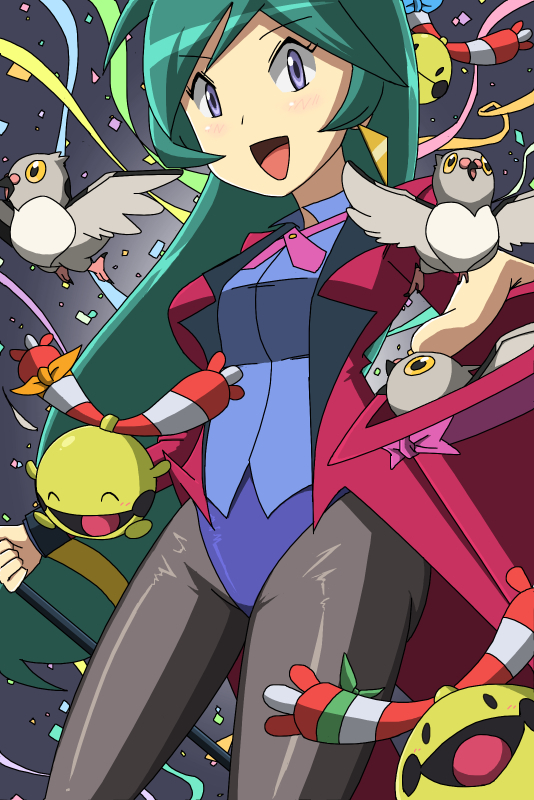 blue_eyes, blush, chingling, earrings, formal, green_hair, hat, jacket