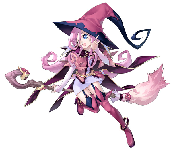 blue_eyes, kousaki_rui, official_art, pamela, pink_hair, thighhighs, wink, witch