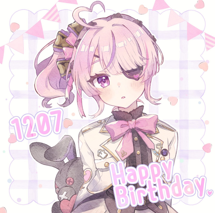 1girl, ahoge, bow, bowtie, cropped_jacket, eyepatch, happy_birthday, heart