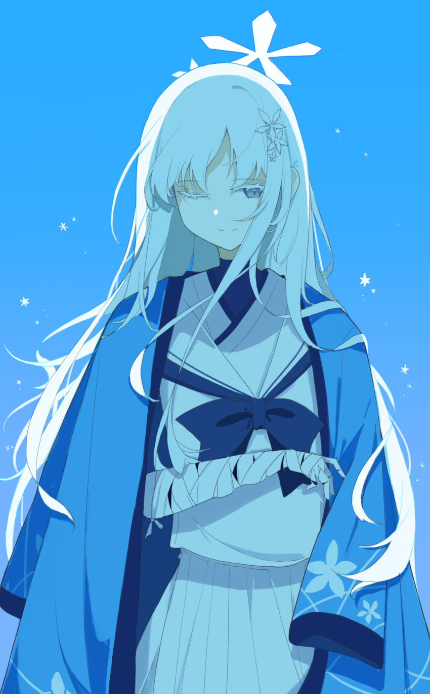 1girl, blue_archive, blue_eyes, blue_neckerchief, flower, free_donut, hair_flower, hair_ornament