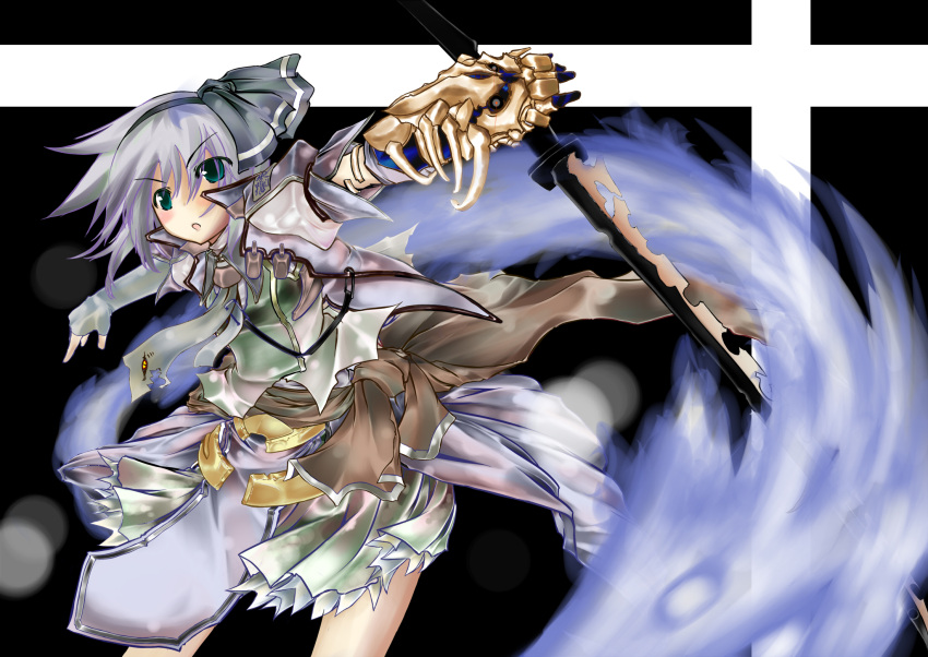 green_eyes, highres, katana, konpaku_youmu, konpaku_youmu_(ghost), mag_(giraffe009), myon, ribbon, silver_hair, sword, touhou, weapon