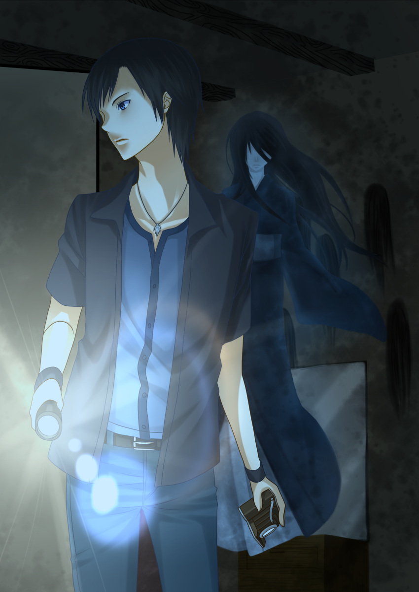 akatsuki_(kuon), amakura_kei, black_hair, blue_eyes, camera, fatal_frame, fatal_frame_3, flashlight