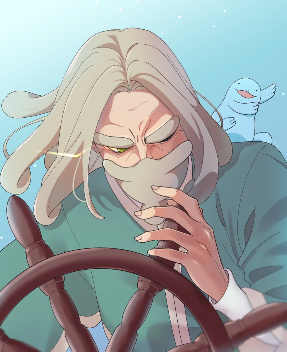 1boy, beard, blonde_hair, commentary_request, day, eye_trail, facial_hair, green_eyes