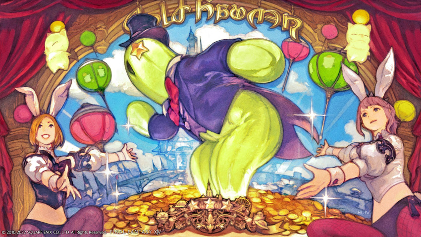 2girls, :d, animal_ears, artist_request, balloon, brown_hair, brown_pantyhose, closed_mouth, coin, final_fantasy, final_fantasy_xiv, fishnet_pantyhose, fishnets, gold_coin, hat, highres, multiple_girls, official_art, outstretched_arms, pantyhose, pink_hair, playboy_bunny, puffy_short_sleeves, puffy_sleeves, rabbit_ears, red_pantyhose, sabotender, senor_sabotender, short_sleeves, showing, smile, spread_arms, top_hat, violet_eyes, wristband