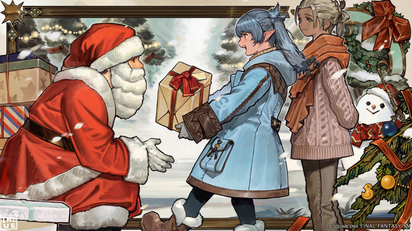 3girls, :>, :d, bearded_lady_(ff14), black_pantyhose, blue_dress, blue_eyes, blue_hair