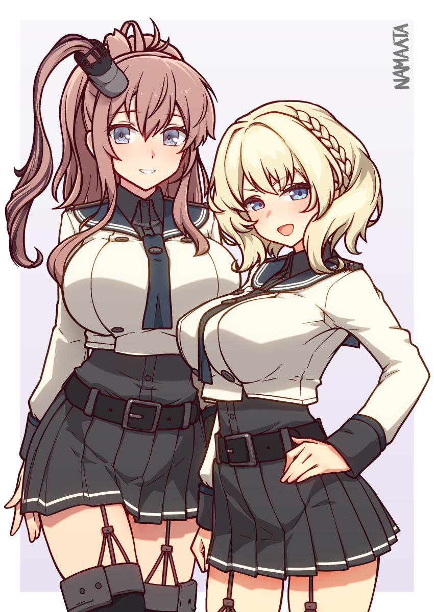 2girls, absurdres, belt, black_belt, black_sailor_collar, black_skirt, black_thighhighs, blonde_hair, blue_eyes, blue_neckerchief, braid, breasts, brown_hair, colorado_(kancolle), commission, cosplay, cowboy_shot, garter_straps, grey_eyes, hair_between_eyes, high_side_ponytail, highres, kantai_collection, large_breasts, long_hair, long_sleeves, miniskirt, multiple_girls, namaata, neckerchief, noshiro_(kancolle), noshiro_kai_ni_(kancolle), noshiro_kai_ni_(kancolle)_(cosplay), open_mouth, pleated_skirt, ponytail, sailor_collar, saratoga_(kancolle), school_uniform, serafuku, short_hair, side_braids, side_ponytail, skeb_commission, skirt, smile, smokestack_hair_ornament, standing, thigh-highs