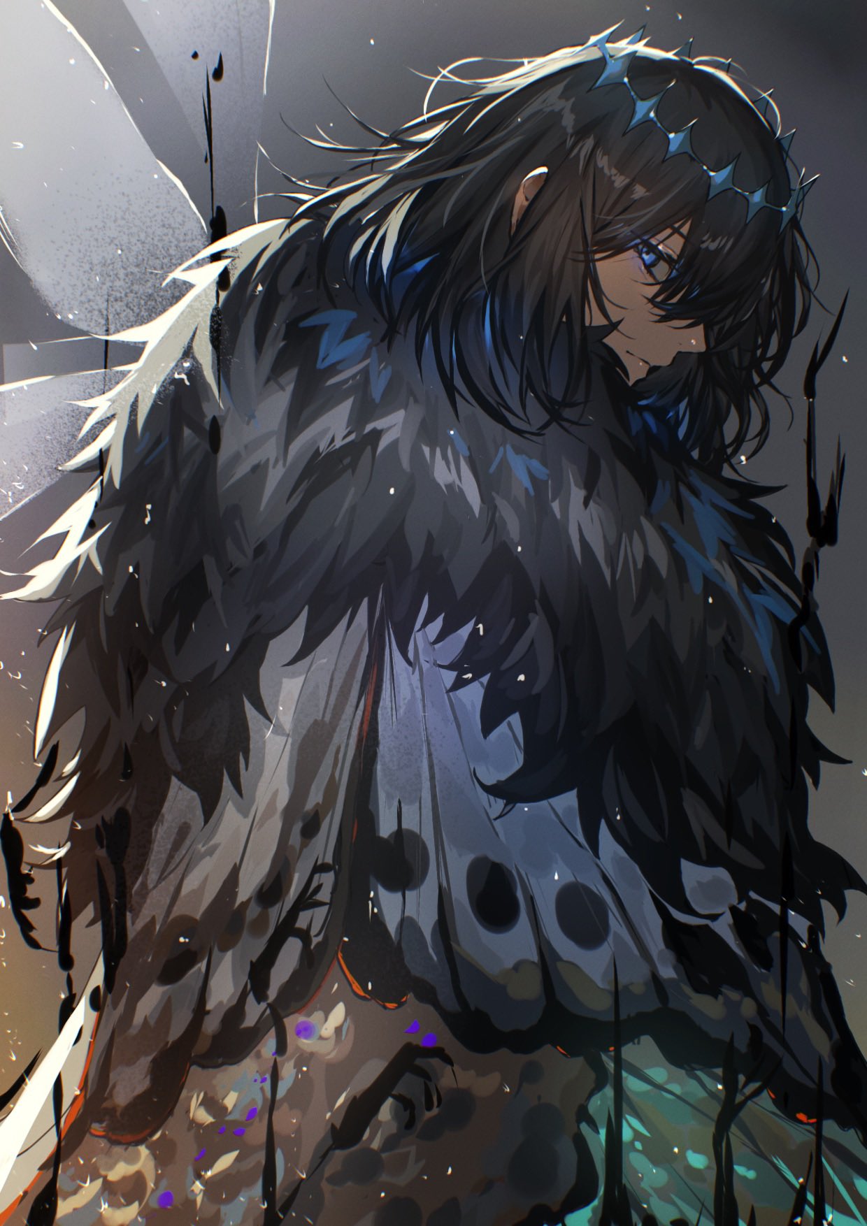 1boy, black_hair, blue_eyes, butterfly_wings, cape, cloak, crown, dark