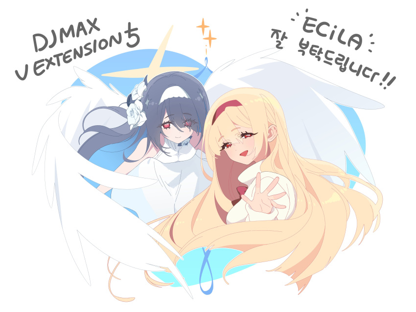 2girls, absurdres, angel_wings, black_hair, blonde_hair, blue_ribbon, bow, bowtie