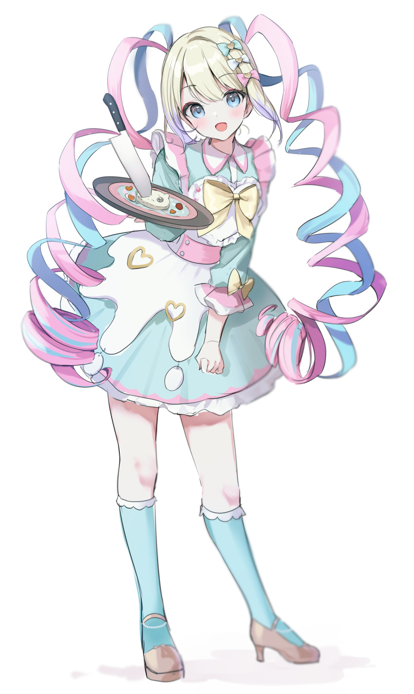 1girl, :d, absurdres, blonde_hair, blue_bow, blue_dress, blue_eyes, blue_hair, blue_socks, blush, bow, chouzetsusaikawa_tenshi-chan, collared_dress, commentary_request, dress, food, full_body, hair_bow, hair_ornament, heart, heart_hair_ornament, high_heels, highres, holding, holding_tray, kneehighs, knife, long_hair, long_sleeves, looking_at_viewer, maid, moeko_(moeko0903), multicolored_hair, multiple_hair_bows, needy_girl_overdose, official_alternate_costume, open_mouth, p-chan_(needy_girl_overdose), pink_bow, pink_hair, plate, purple_hair, quad_tails, shoes, simple_background, smile, socks, solo, standing, sweets_paradise, tray, twintails, very_long_hair, white_background, yellow_bow, yellow_footwear