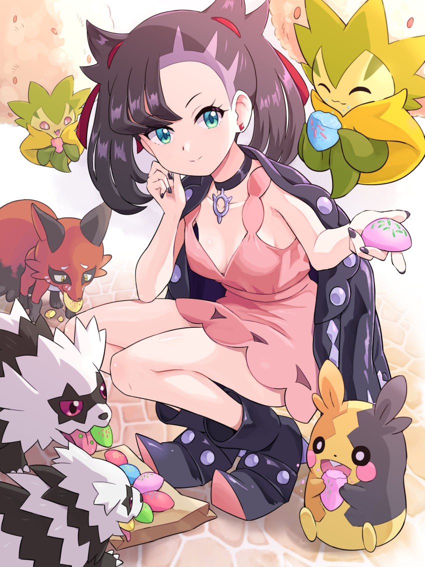 1girl, absurdres, asymmetrical_bangs, black_choker, black_hair, black_jacket, blush, breasts, choker, closed_mouth, dress, earrings, galarian_zigzagoon, green_eyes, hair_ribbon, highres, holding, jacket, jewelry, long_sleeves, looking_at_viewer, marnie_(pokemon), morpeko, morpeko_(full), nickit, open_clothes, pink_dress, pokemoa, pokemon, pokemon_(creature), pokemon_swsh, red_ribbon, ribbon, smile, twintails