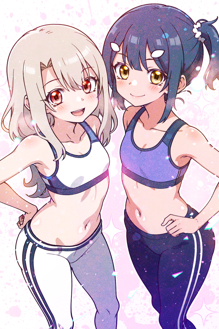 2girls, bare_shoulders, black_hair, blonde_hair, blush, breasts, cleavage, commentary_request, fate/grand_order, fate/kaleid_liner_prisma_illya, fate_(series), from_above, hair_between_eyes, hanagata_kai, hands_on_own_hips, illyasviel_von_einzbern, loli, long_hair, looking_at_viewer, metadata_request, midriff, miyu_edelfelt, model_request, multiple_girls, navel, open_mouth, pants, red_eyes, sidelocks, small_breasts, smile, sports_bra, sportswear, stomach, straight_hair, teeth, two-tone_sports_bra, upper_teeth_only, yellow_eyes, yoga_pants