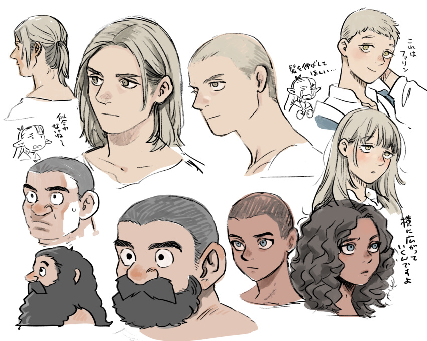2girls, 3boys, alternate_hairstyle, beard, black_eyes, black_hair, blonde_hair, blue_eyes