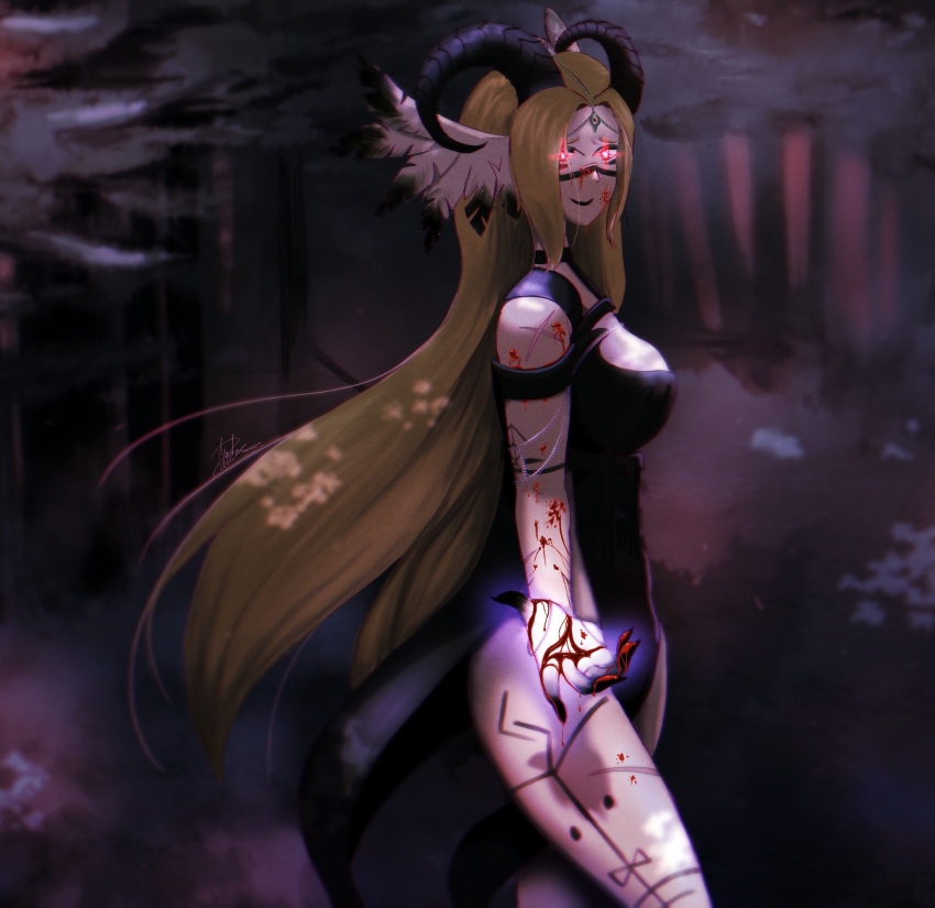 1girl, arm_tattoo, black_choker, black_skirt, blonde_hair, blood, breasts, choker, facial_tattoo, feathered_wings, forest, glowing, glowing_eyes, head_wings, highres, horns, indie_virtual_youtuber, large_breasts, leg_tattoo, long_hair, looking_at_viewer, medium_breasts, nature, original, pov, reaching, reaching_towards_viewer, red_eyes, skirt, solo, tattoo, thighs, valkyrie, vi, virtual_youtuber, wings