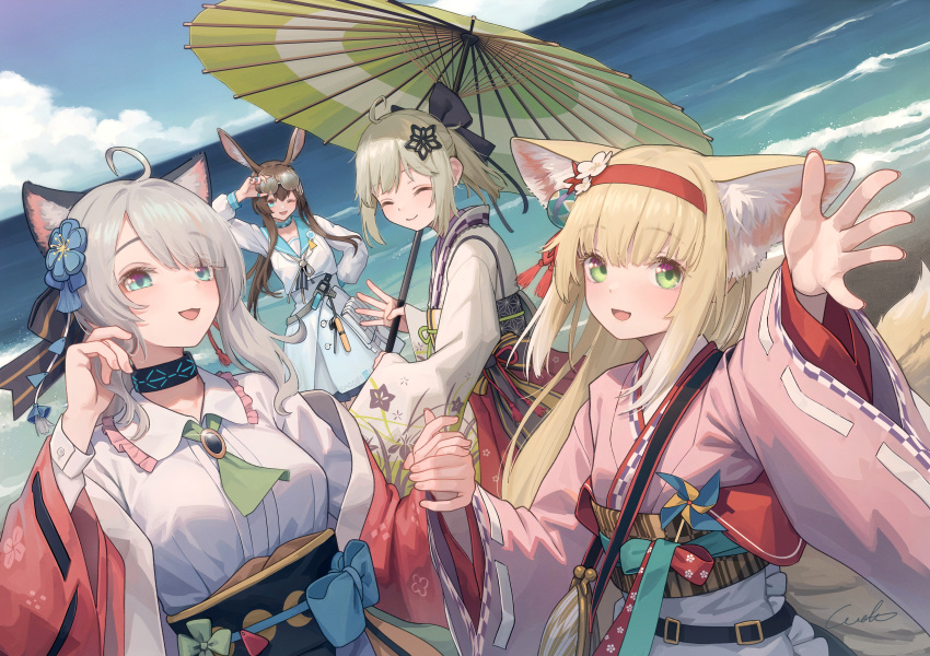 4girls, absurdres, ahoge, amiya_(arknights), animal_ear_fluff, animal_ears, arknights, black_collar