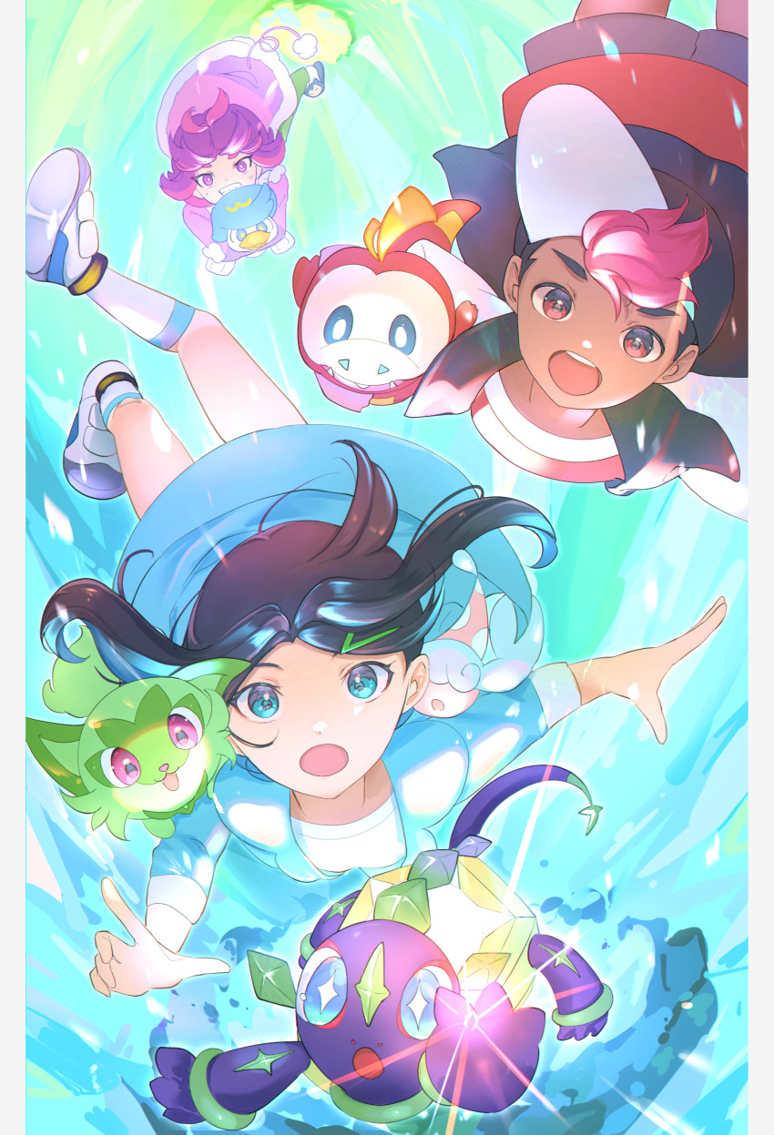 1boy, 2girls, :o, black_hair, commentary_request, dark-skinned_male, dark_skin, dot_(pokemon)