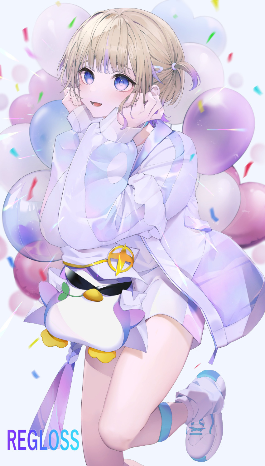1girl, absurdres, balloon, banpen_(todoroki_hajime), blonde_hair, confetti, fang, highres, hololive, hololive_dev_is, jacket, shoes, shorts, sneakers, sumi_1800, todoroki_hajime, violet_eyes, virtual_youtuber