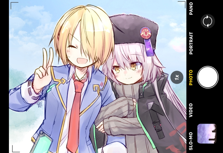 2girls, arm_grab, black_coat, black_headwear, blazer, blonde_hair, blue_jacket, blush