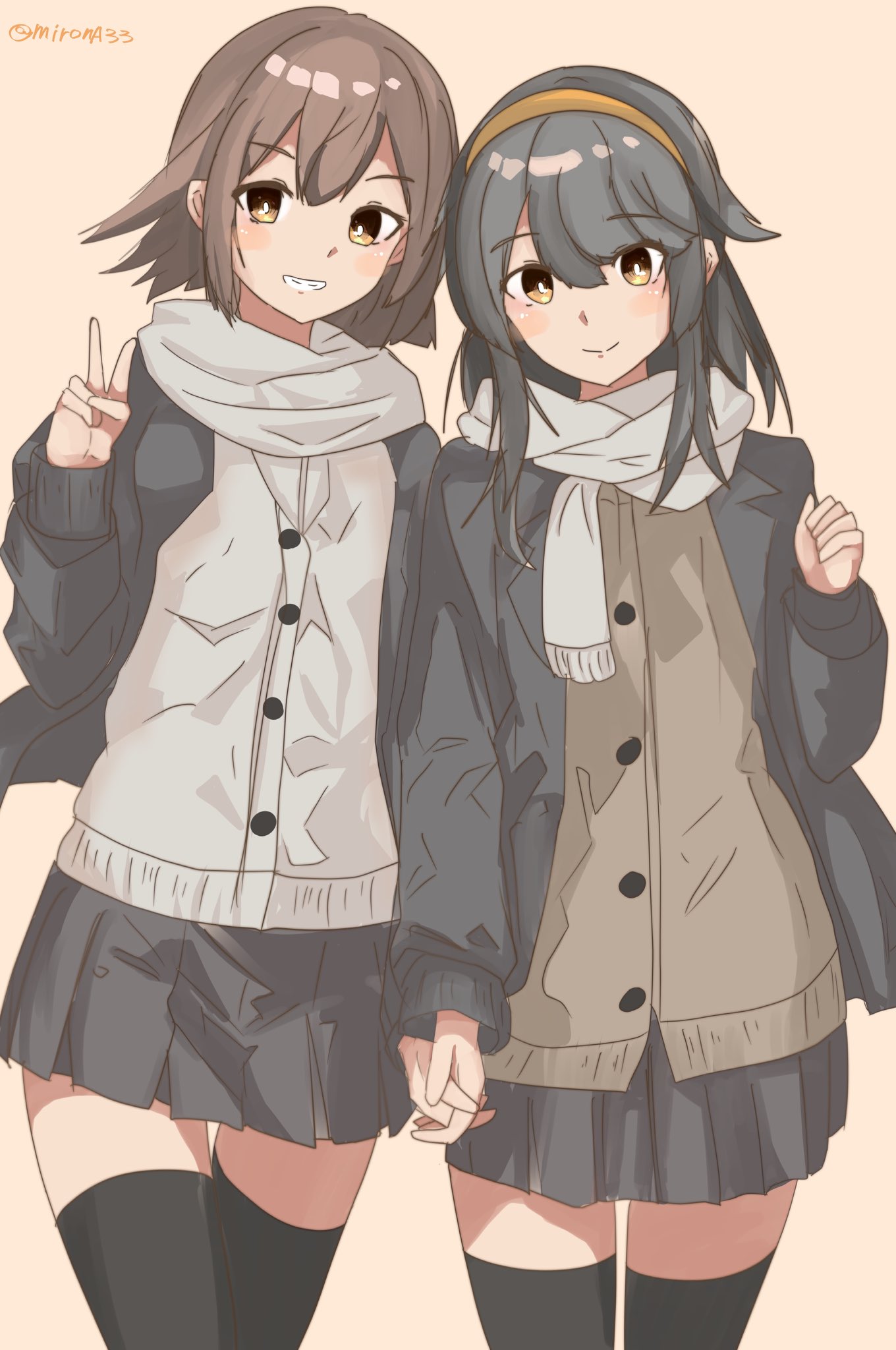 2girls, alternate_costume, black_hair, black_jacket, black_thighhighs, brown_cardigan, brown_eyes, brown_hair, cardigan, flipped_hair, grey_scarf, grey_skirt, haruna_(kancolle), hiei_(kancolle), highres, holding_hands, jacket, kantai_collection, miron_(mirona33), multiple_girls, pleated_skirt, scarf, school_uniform, short_hair, skirt, thigh-highs
