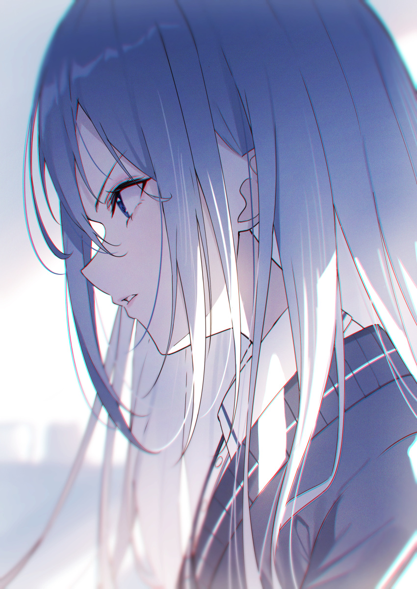 1girl, absurdres, blue_eyes, blurry, commentary, depth_of_field, from_side, glaring