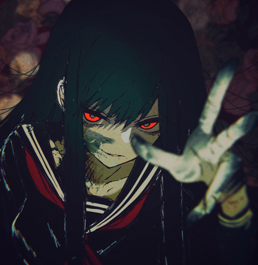 1girl, black_hair, black_serafuku, blurry, blurry_background, dirty, dirty_face, dirty_hands