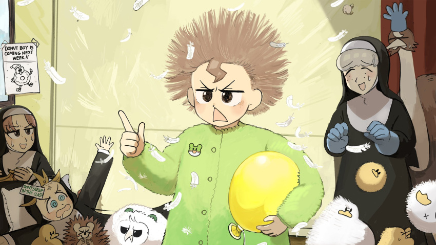 4girls, @_@, balloon, bird, blonde_hair, blue_gloves, brown_eyes, brown_hair