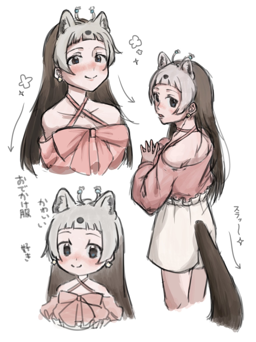 1girl, animal_ears, bare_shoulders, blouse, blunt_bangs, blush, brown_hair, casual