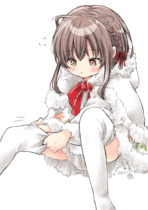 1girl, braid, brown_eyes, cape, flying_sweatdrops, fur-trimmed_cape, fur_trim, hair_ribbon, kantai_collection, matsuura@parao, official_alternate_costume, ribbon, short_hair, short_hair_with_long_locks, side_braids, simple_background, sitting, skirt, solo, thigh-highs, ukuru_(kancolle), white_background, white_skirt, white_thighhighs