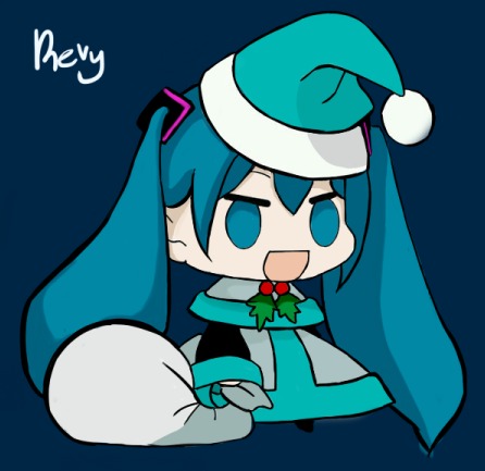 1girl, aqua_eyes, aqua_hair, aqua_ribbon, bag, capelet, chibi, christmas