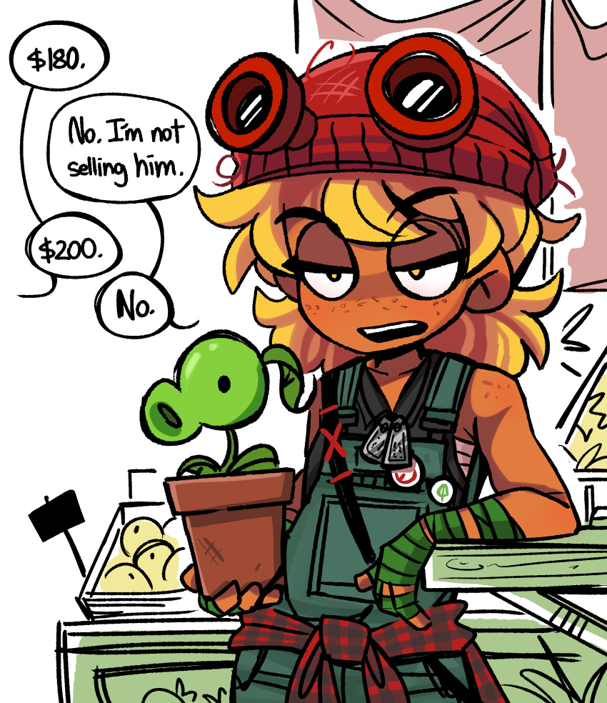 1girl, absurdres, annoyed, body_freckles, colored_skin, english_commentary, english_text, flower_pot