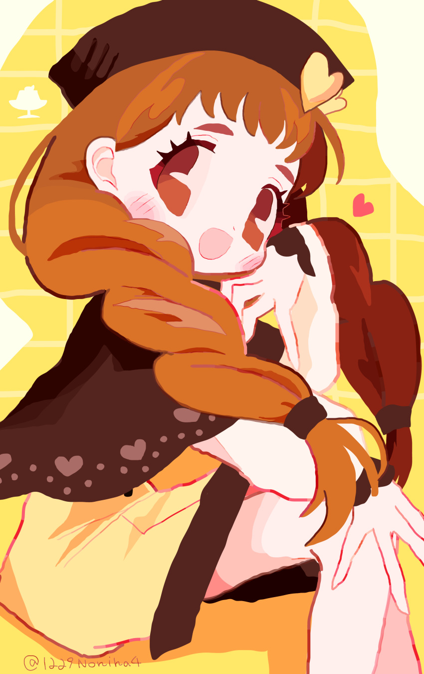 1girl, :d, absurdres, arisugawa_himari, beret, blush, braid, brown_capelet, brown_eyes, brown_hair, brown_headwear, capelet, commentary_request, dress, hair_over_shoulder, hand_on_own_face, hand_up, hat, highres, kirakira_precure_a_la_mode, long_hair, long_sleeves, looking_at_viewer, noniha, open_mouth, precure, single_braid, sitting, smile, solo, twin_braids, twintails, twitter_username, yellow_background, yellow_dress