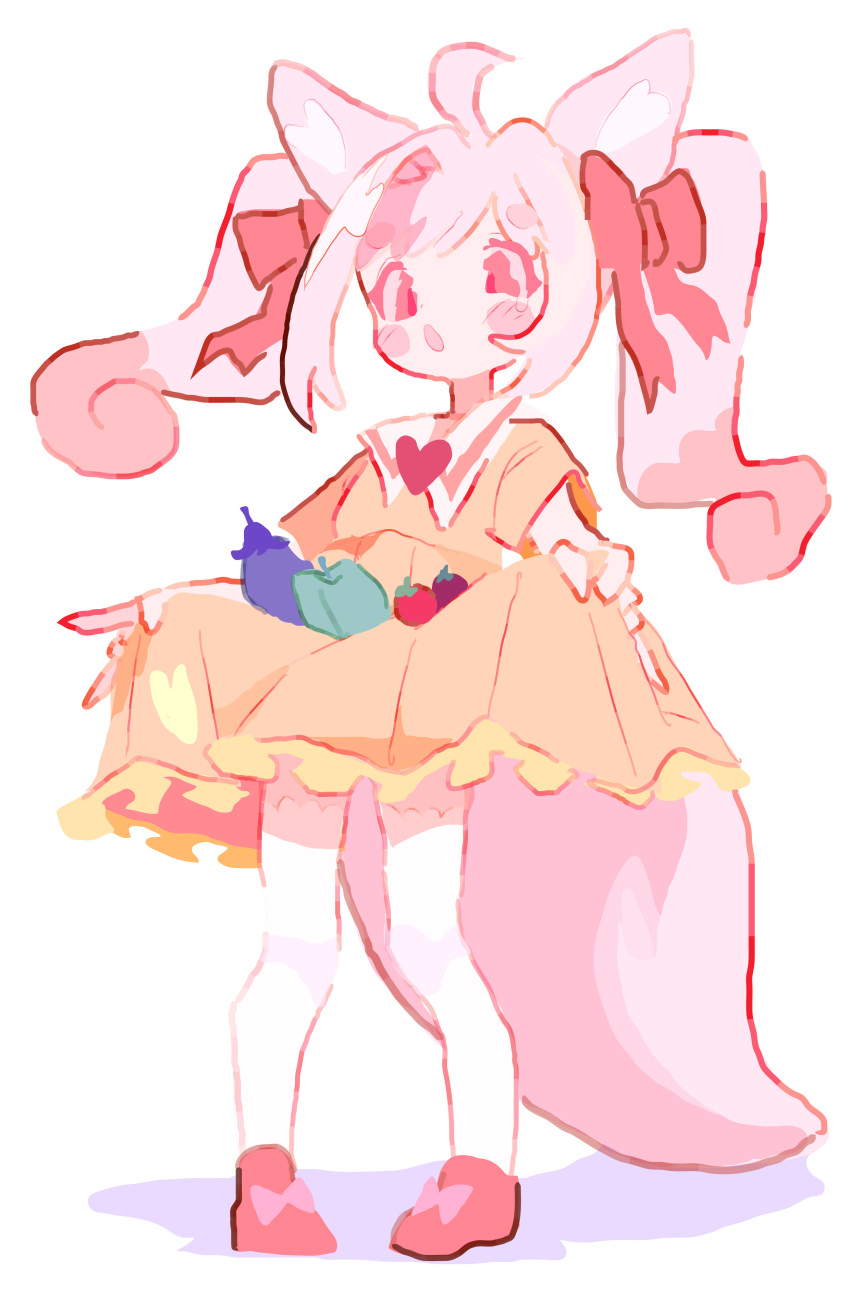 1girl, absurdres, ahoge, animal_ears, bell_pepper, bow, collared_dress, commentary_request
