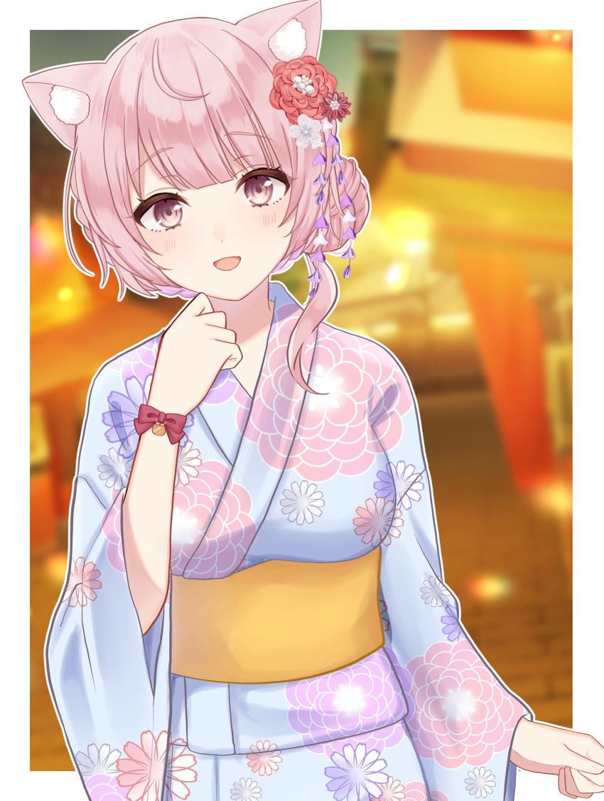 1girl, ahoge, alternate_costume, alternate_hair_length, alternate_hairstyle, animal_ear_fluff, animal_ears, blue_kimono