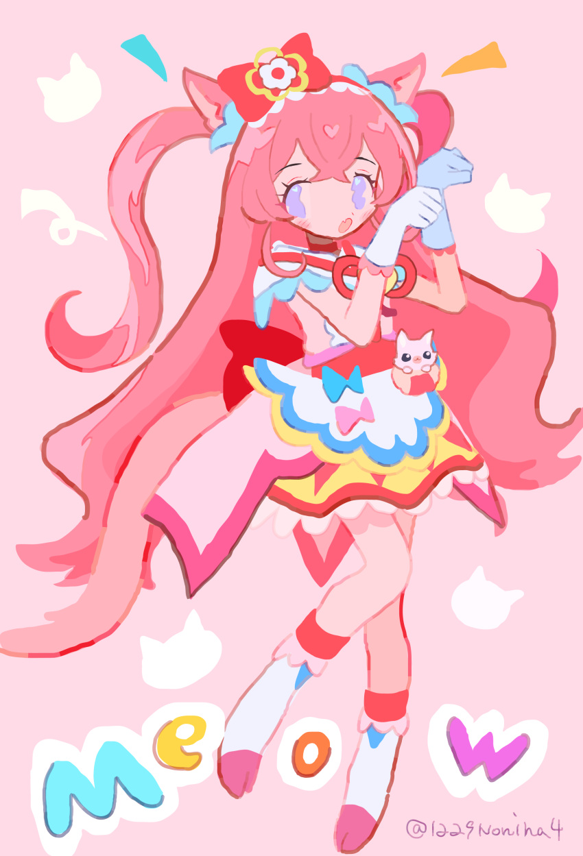 1girl, :o, absurdres, animal_ears, apron, bow, cat_ears, commentary_request, crossed_bangs, cure_precious, delicious_party_precure, dress, fang, full_body, gloves, hair_bow, hands_up, highres, kome-kome_(precure), long_hair, looking_at_viewer, magical_girl, multicolored_clothes, multicolored_dress, nagomi_yui, noniha, open_mouth, paw_pose, pink_background, pink_bow, pink_hair, precure, skin_fang, solo, standing, twitter_username, two_side_up, very_long_hair, violet_eyes, waist_apron, white_gloves