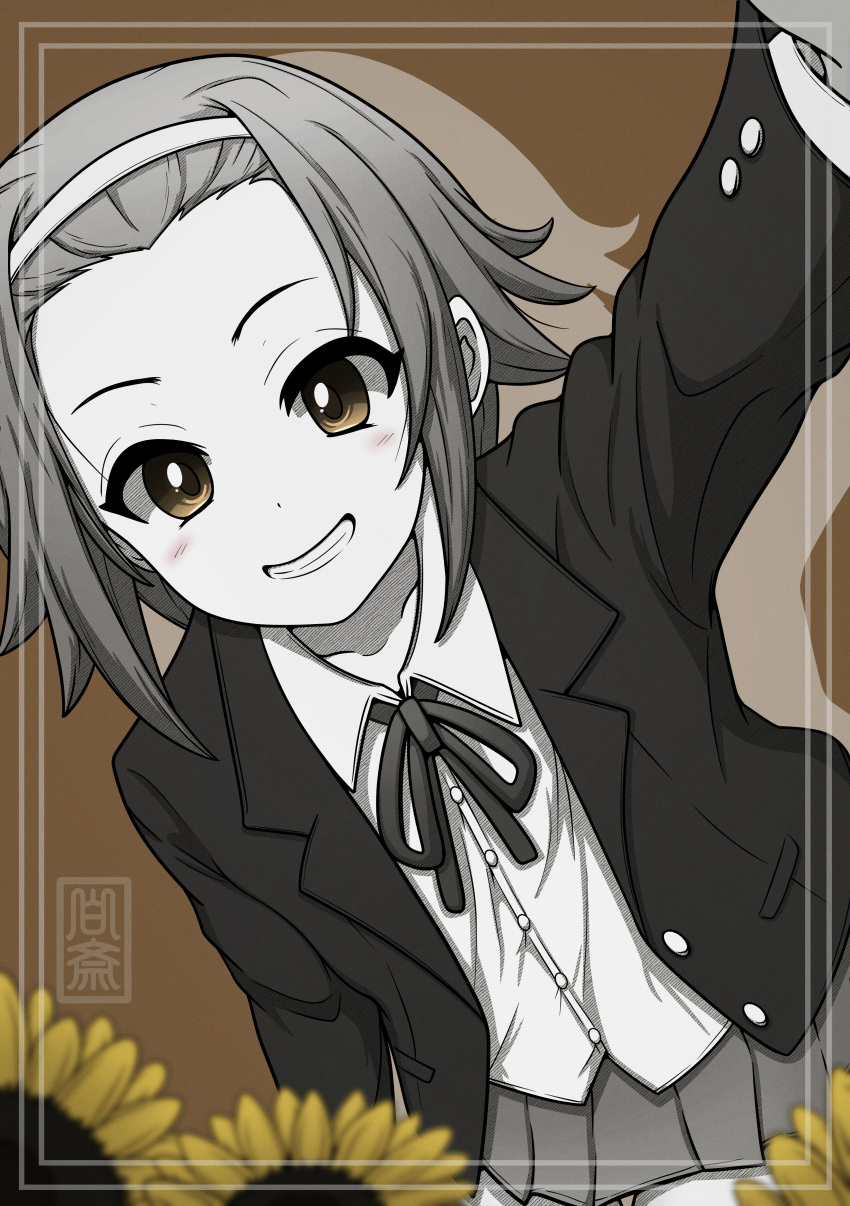 1girl, absurdres, blazer, blush, commentary_request, forehead, grin, hairband