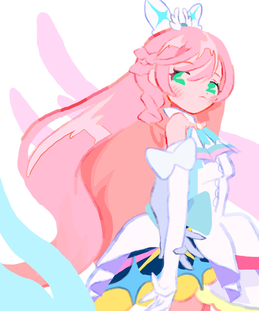 1girl, ascot, bare_shoulders, bow, braid, closed_mouth, commentary_request, cure_prism, dress, elbow_gloves, frilled_dress, frills, gloves, green_eyes, hair_between_eyes, hair_bow, hand_on_own_arm, highres, hirogaru_sky!_precure, long_hair, looking_at_viewer, magical_girl, nijigaoka_mashiro, noniha, pink_hair, precure, side_braids, sleeveless, sleeveless_dress, solo, standing, very_long_hair, white_ascot, white_background, white_bow, white_dress, white_gloves, wing_hair_ornament