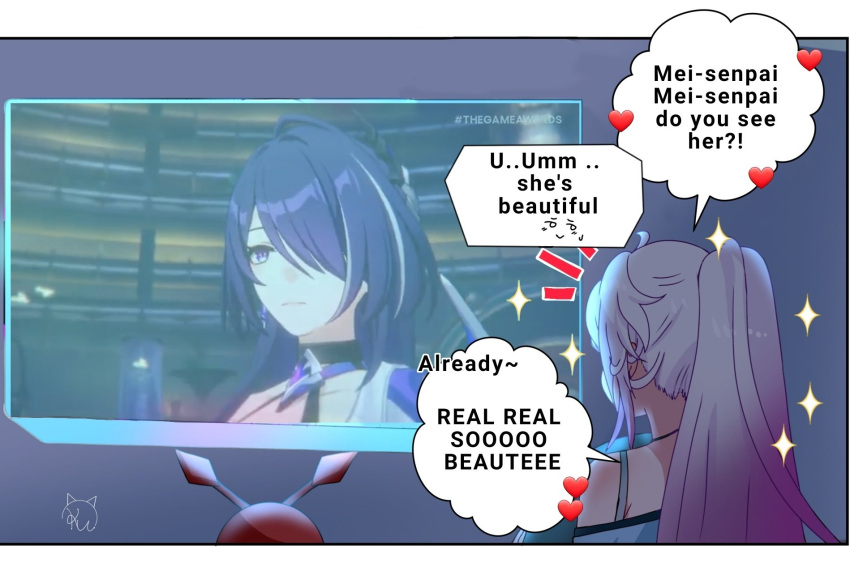 +++, 2girls, acheron_(honkai:_star_rail), ahoge, alternate_costume, closed_mouth, company_connection, english_commentary