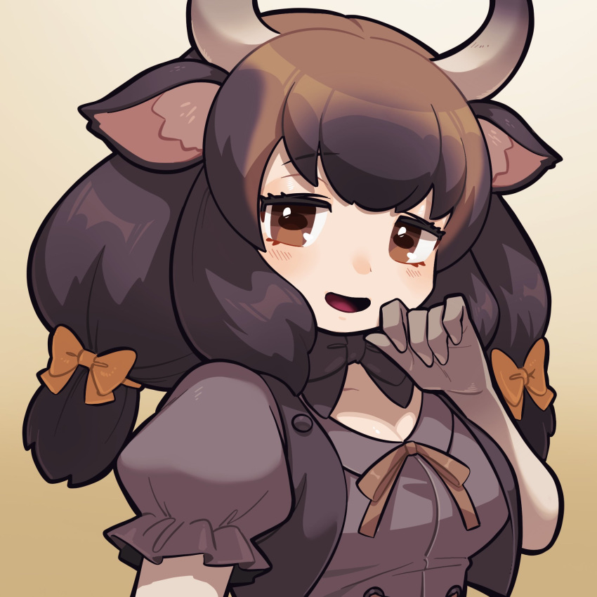 1girl, an-chan_(ananna0315), animal_ears, banteng_(kemono_friends), black_bow, black_bowtie, black_hair, blush