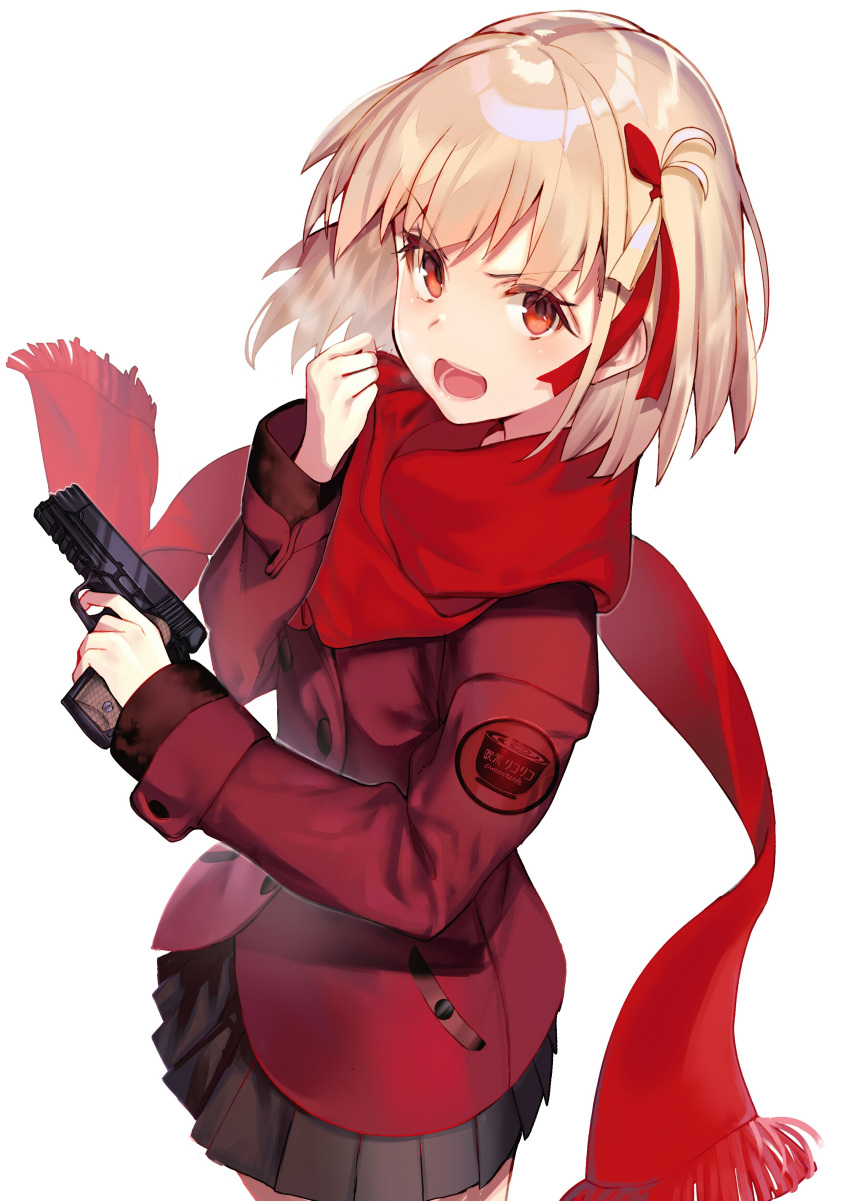1girl, absurdres, adapted_costume, black_skirt, blonde_hair, buttons, double-breasted, finger_on_trigger, gun, hair_ornament, handgun, highres, jacket, long_sleeves, looking_at_viewer, lycoris_recoil, m1911, nishikigi_chisato, red_eyes, red_jacket, red_scarf, scarf, short_hair, skirt, solo, tsukudani_(ore624), weapon, white_background