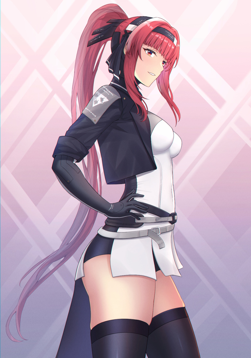 1girl, belt, black_bodysuit, black_hairband, black_headband, black_jacket, black_thighhighs, bodysuit