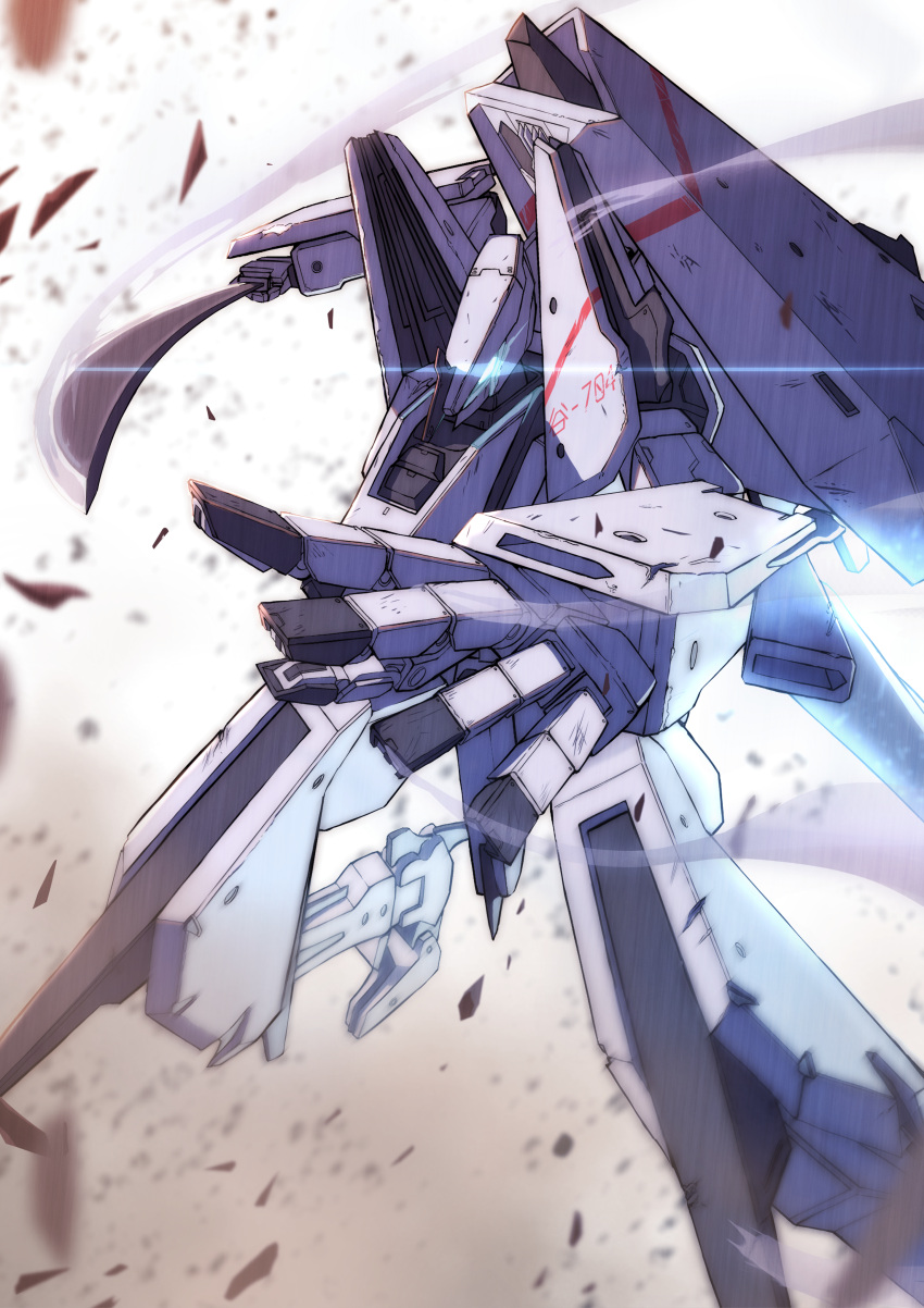 absurdres, arema, blue_eyes, commentary_request, debris, fighting_stance, foreshortening, glowing