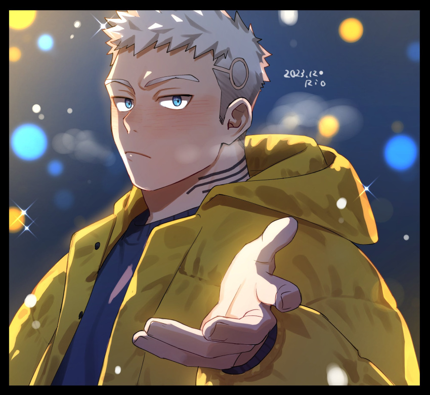 1boy, black_border, blue_eyes, blurry, blurry_background, blush, body_markings, bokeh, border, closed_mouth, depth_of_field, gaius_(live_a_hero), highres, jacket, live_a_hero, looking_at_viewer, male_focus, pov_dating, reaching, reaching_towards_viewer, rio_mukiniki, short_hair, signature, solo, upper_body, white_hair, yellow_jacket