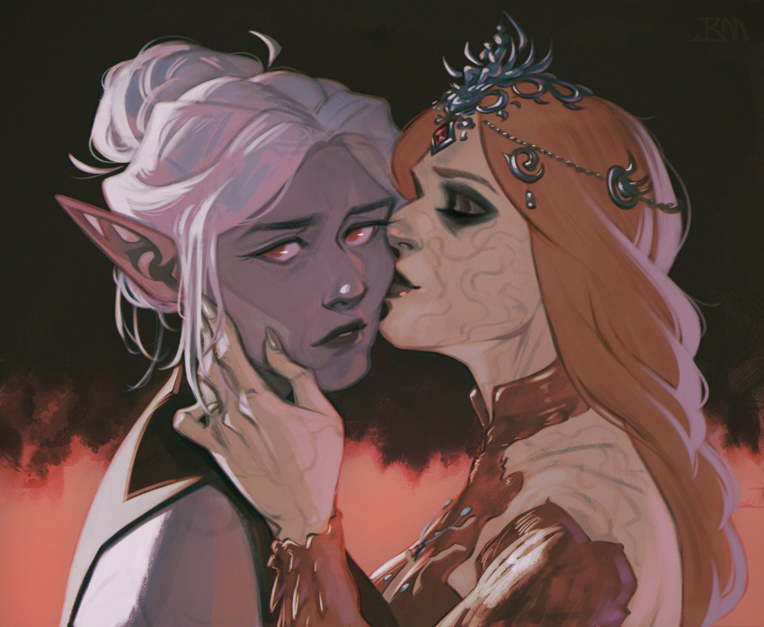 2girls, baldur's_gate, baldur's_gate_3, black_background, black_eyeshadow, black_lips, blonde_hair, bodysuit