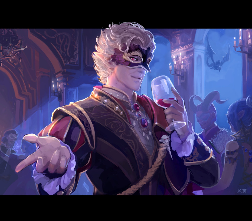 2boys, 2girls, aiguillette, alcohol, alexiussana, arch, astarion, baldur's_gate