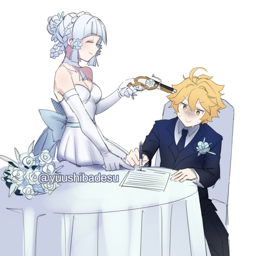 1boy, 1girl, aether_(genshin_impact), ahoge, black_necktie, black_suit, blonde_hair, dress