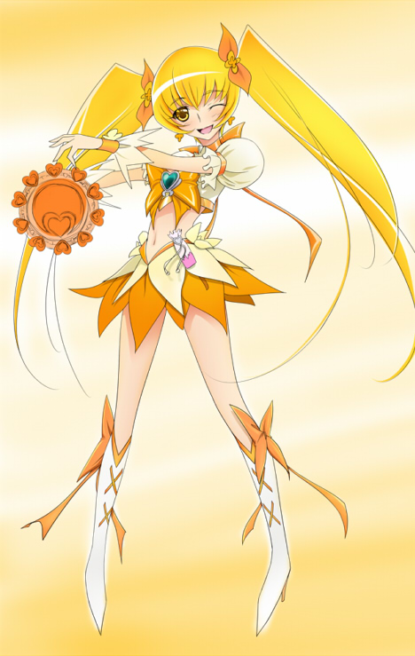 blonde_hair, boots, cure_sunshine, futari_wa_precure, heartcatch_precure!, instrument, magical_girl, myoudouin_itsuki
