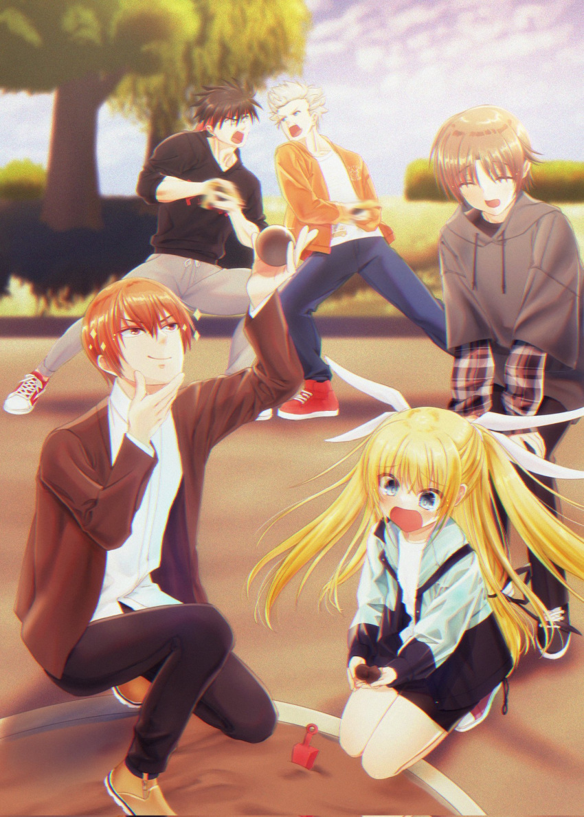 >:), 1girl, 4boys, :d, ^_^, alternate_costume, black_hair, black_shirt