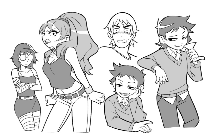 2boys, 2girls, angry, belt, blush, clenched_teeth, closed_mouth, cocktail_glass