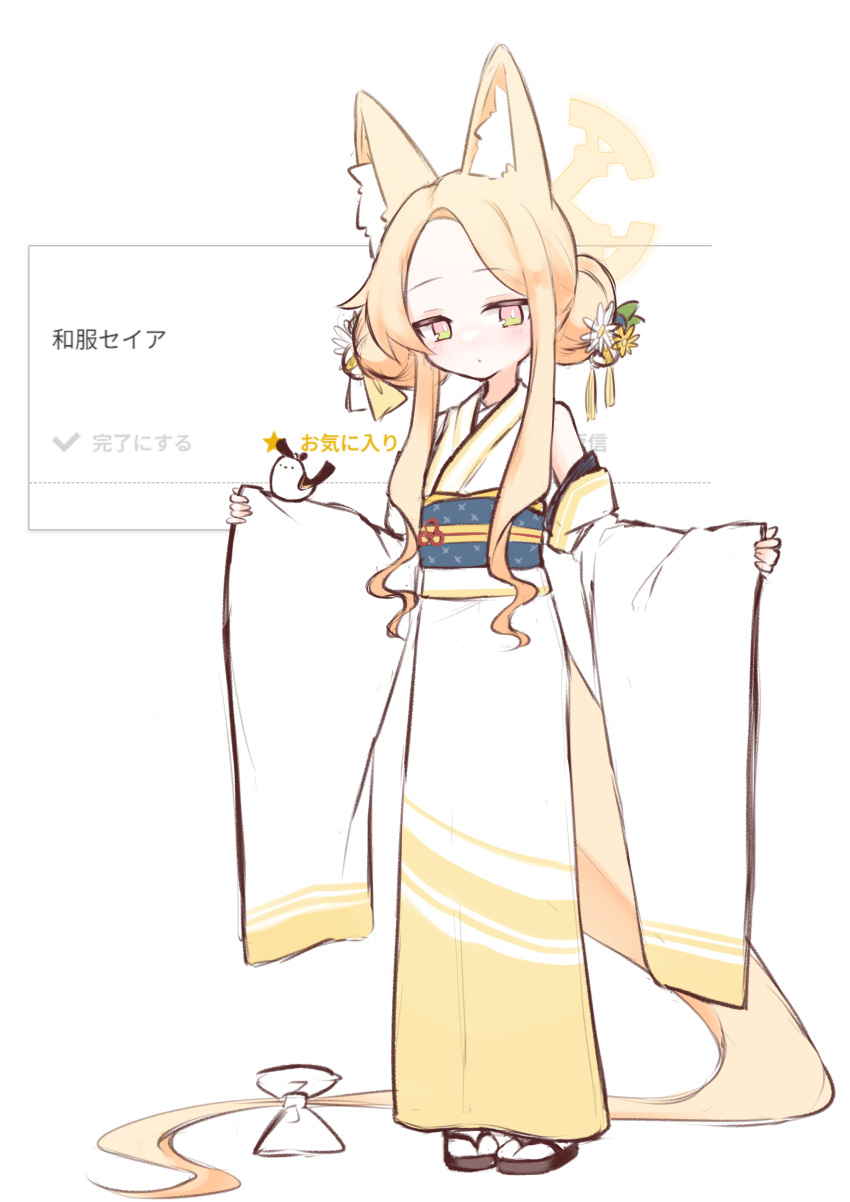 1girl, absurdres, alternate_costume, alternate_hairstyle, animal_ear_fluff, animal_ears, blue_archive, bow, bright_pupils, commentary_request, detached_sleeves, double_bun, flower, forehead, fox_ears, full_body, gradient_eyes, hair_bun, hair_flower, hair_ornament, halo, highres, japanese_clothes, kimono, long-tailed_tit, long_sleeves, looking_at_viewer, multicolored_eyes, obi, obiage, obijime, orange_eyes, parted_bangs, sash, seia_(blue_archive), short_hair_with_long_locks, sidelocks, sleeves_past_wrists, solo, sonn_er, standing, tabi, tail, tail_bow, tail_ornament, tit_(bird), white_bow, white_kimono, white_pupils, wide_sleeves, yellow_eyes, yellow_kimono, zouri