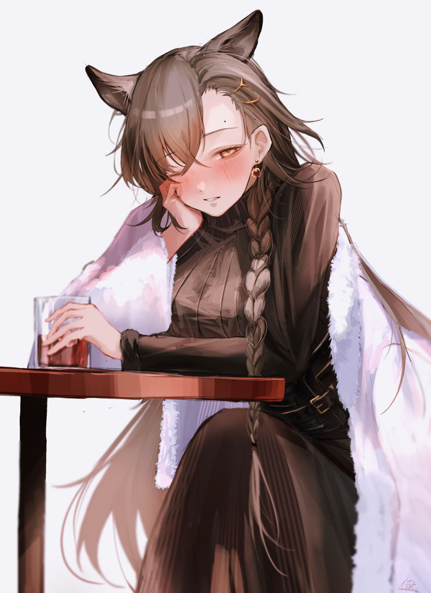 1girl, absurdres, alcohol, animal_ears, arknights, arm_rest, artist_name, bell